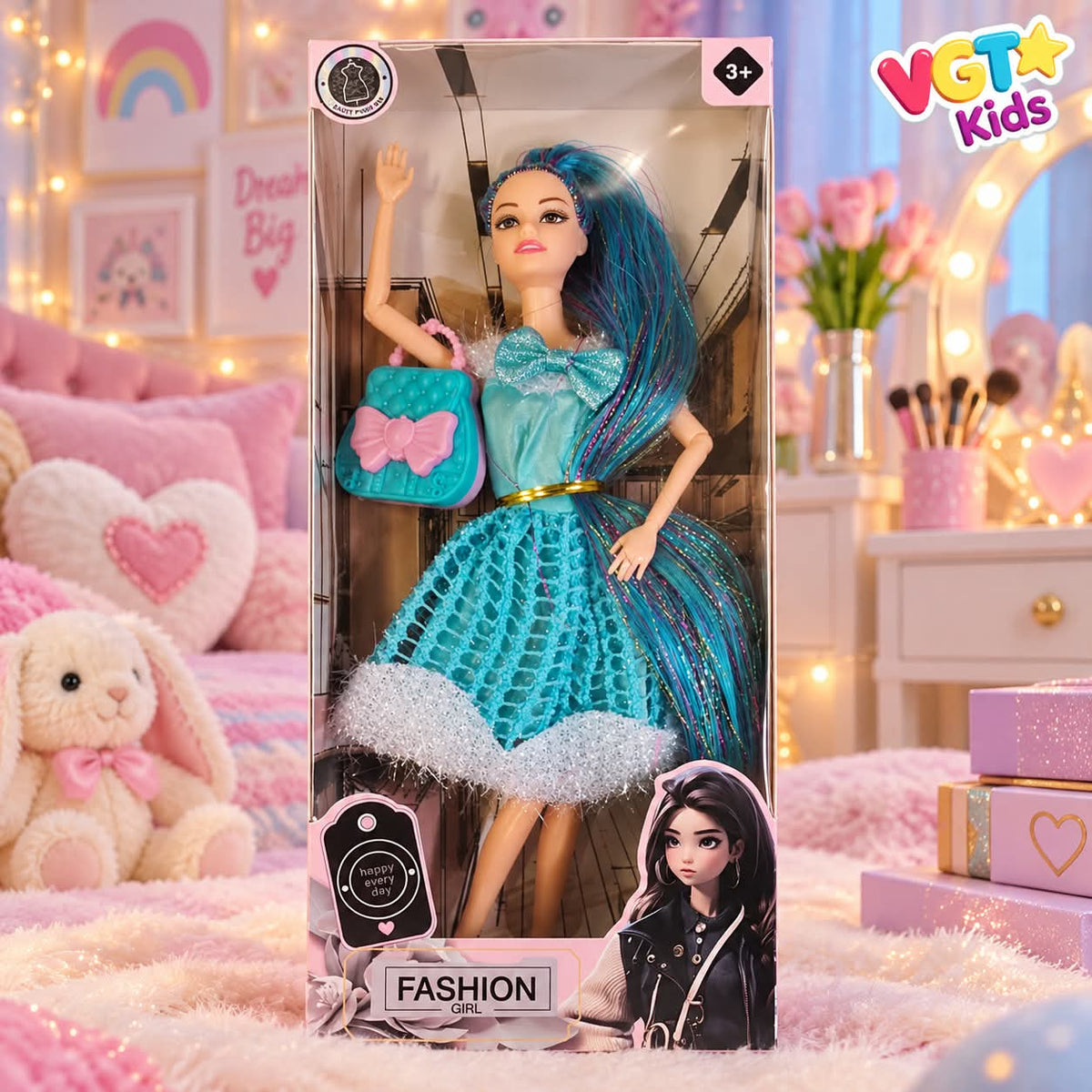 Fashion Girl Doll– Stylish Blue Dress Doll with Handbag & Colorful Hair