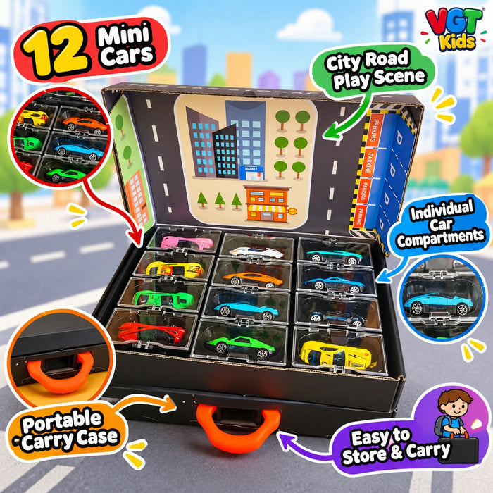 12-Piece Die-Cast Alloy Car Set Portable Carry Case with City Road Play Mat