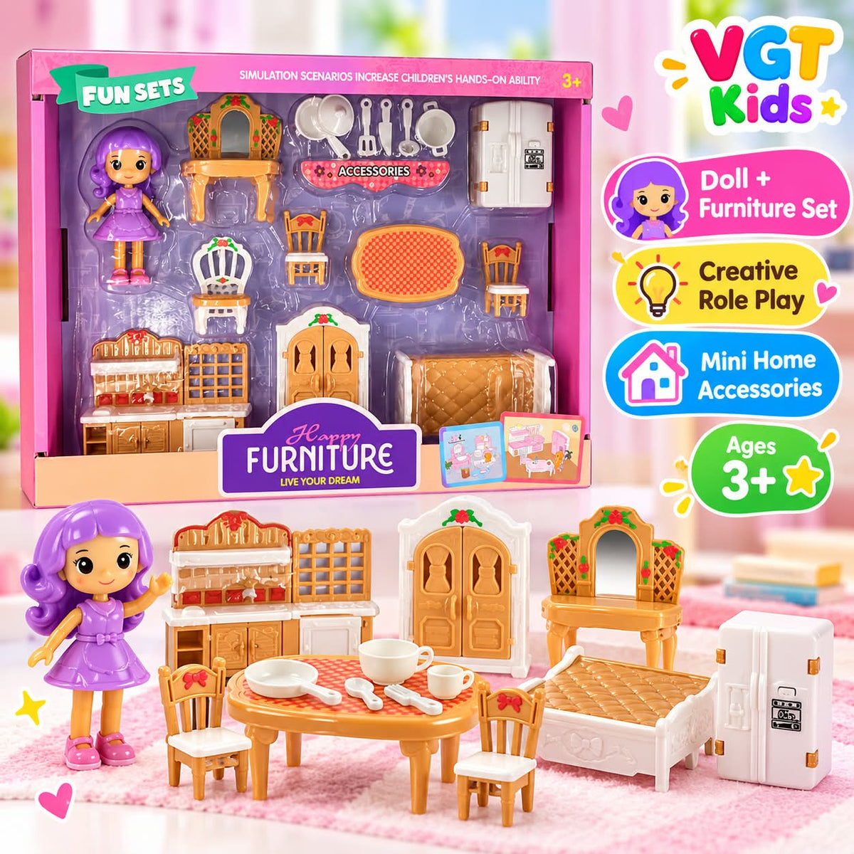 Happy Furniture Doll Play Set Mini Home Furniture & Accessories