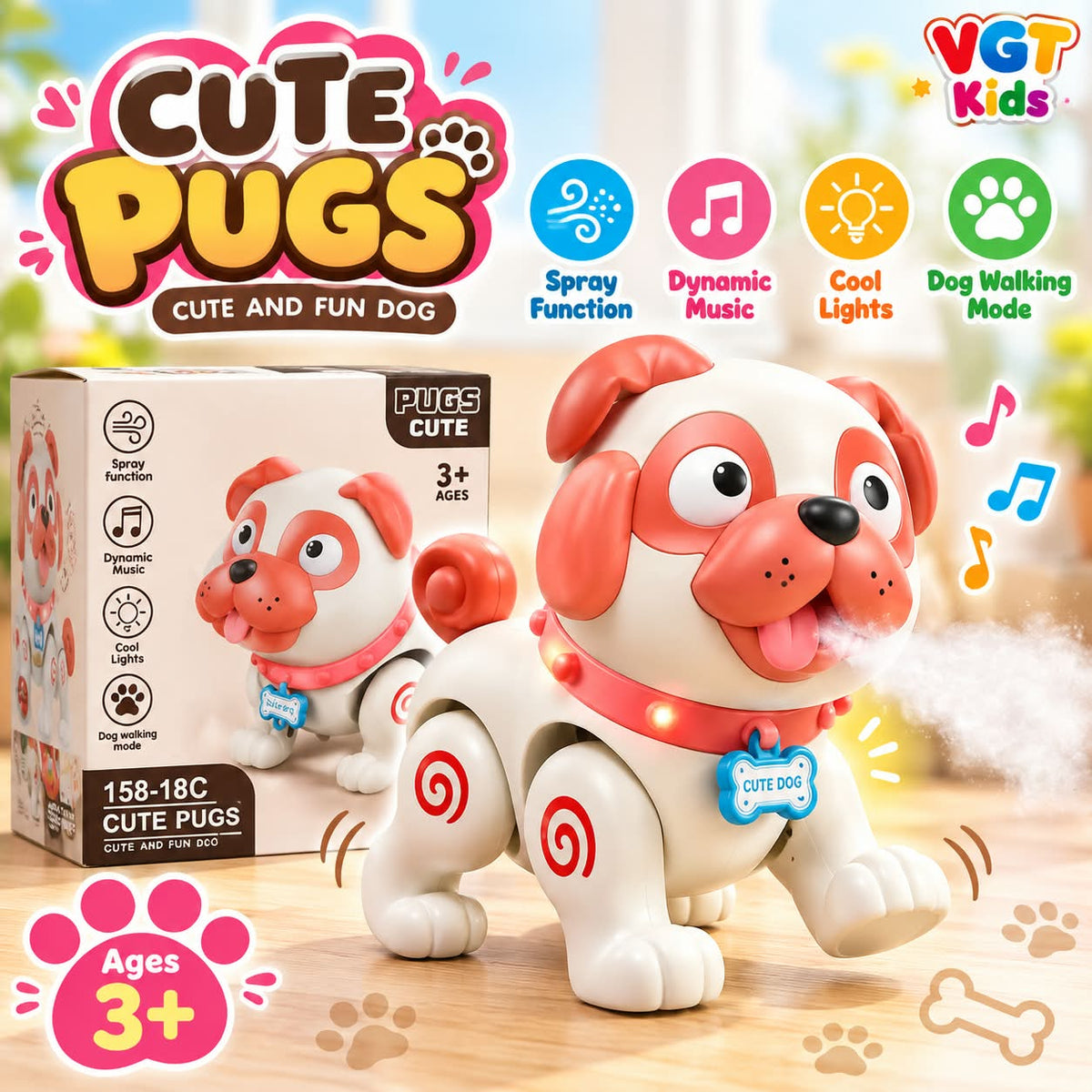 Interactive Walking Pug Music, Lights & Spray Function