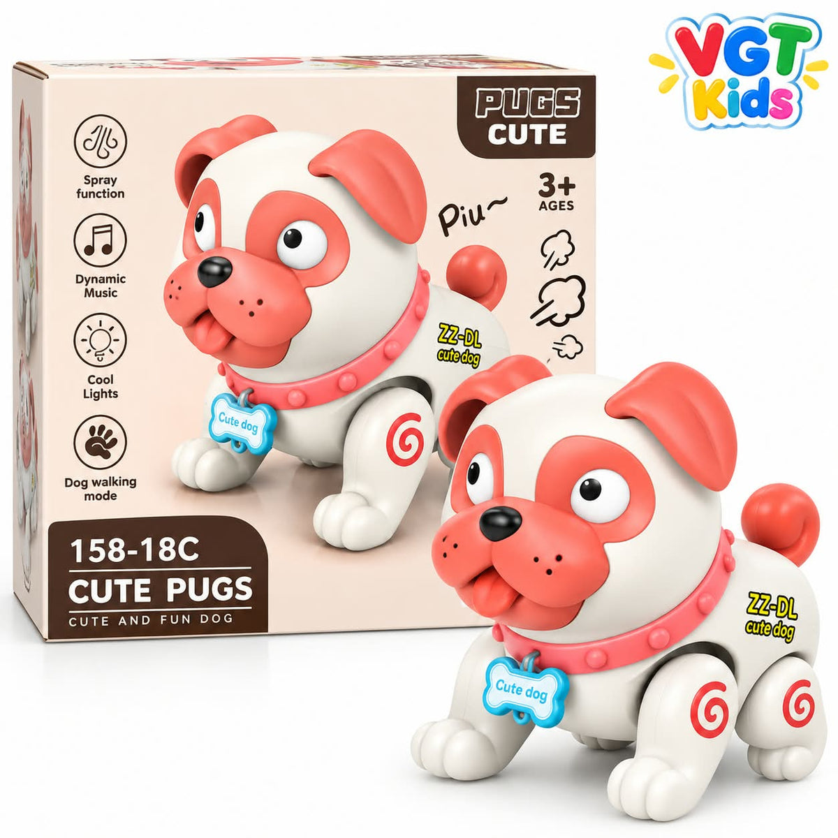 Interactive Walking Pug Music, Lights & Spray Function