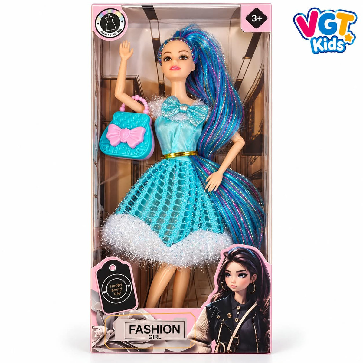 Fashion Girl Doll– Stylish Blue Dress Doll with Handbag & Colorful Hair