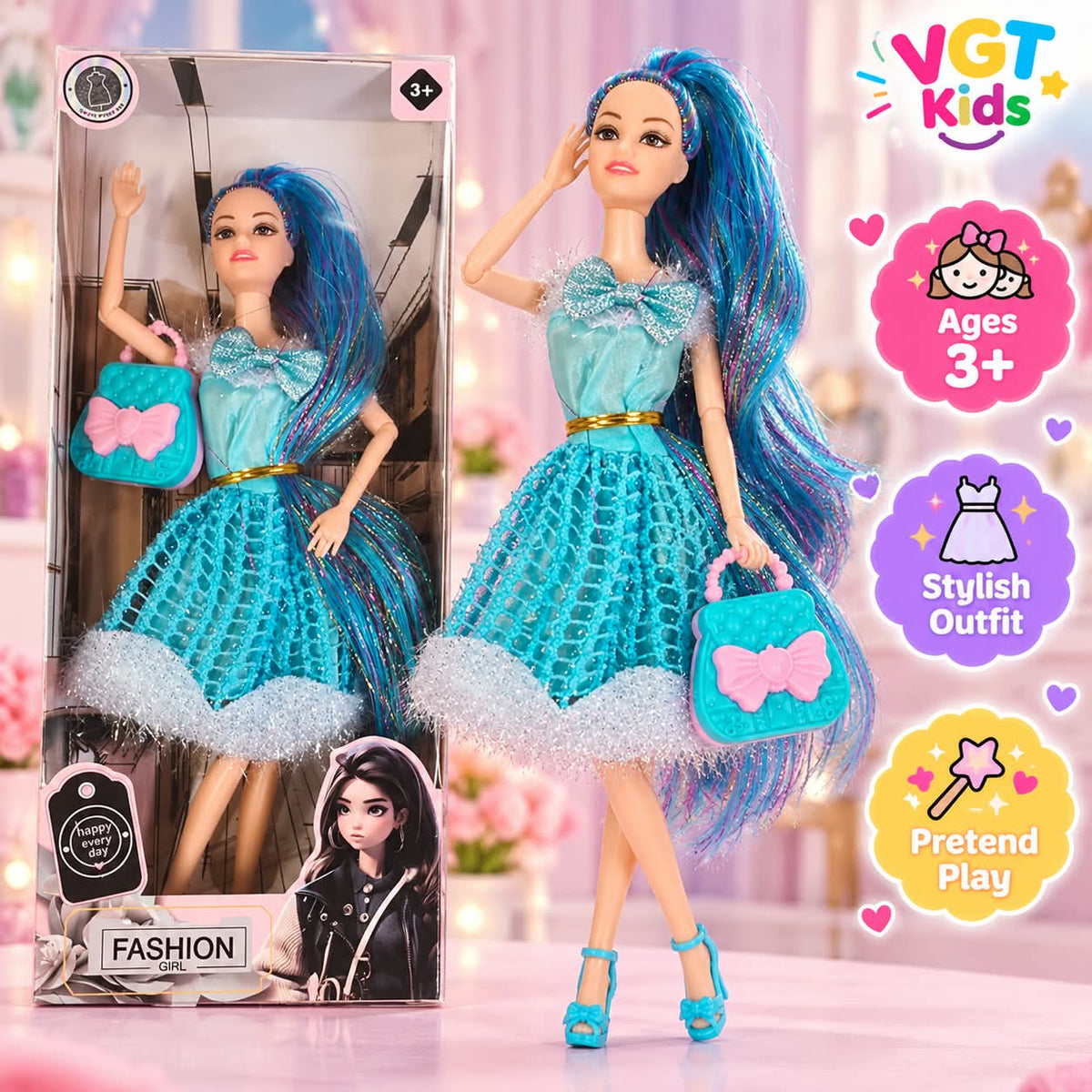 Fashion Girl Doll– Stylish Blue Dress Doll with Handbag & Colorful Hair