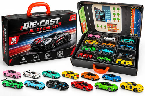 12-Piece Die-Cast Alloy Car Set Portable Carry Case with City Road Play Mat