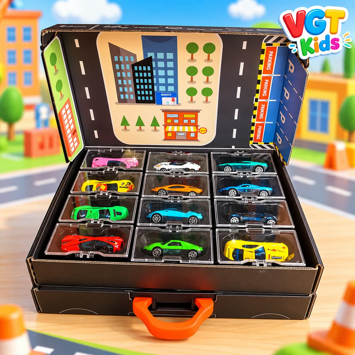 12-Piece Die-Cast Alloy Car Set Portable Carry Case with City Road Play Mat