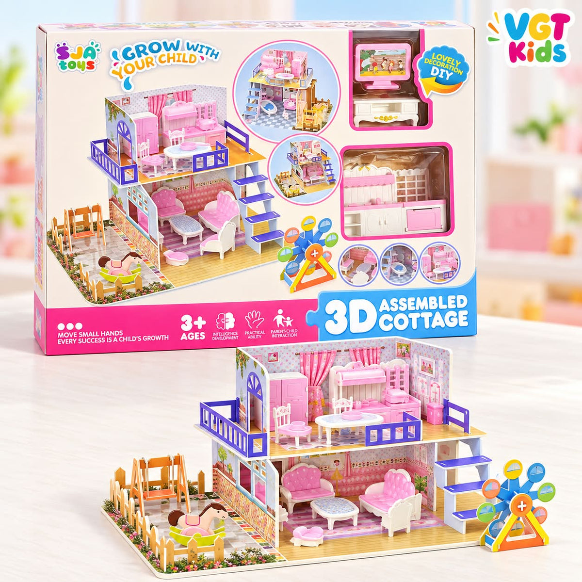 3D Assembled Cottage Dollhouse– DIY Furniture & Home Accessories