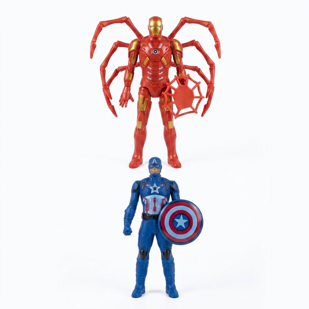 Two superhero action figures with spider-leg arms and round shield on white
