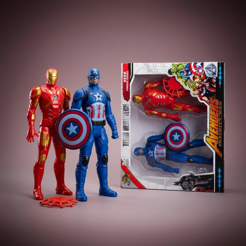 Two-figure superhero set with web display stand beside its window box
