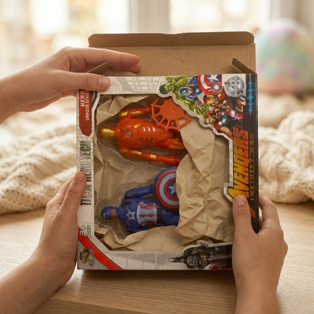 Hands opening the two-figure superhero set box
