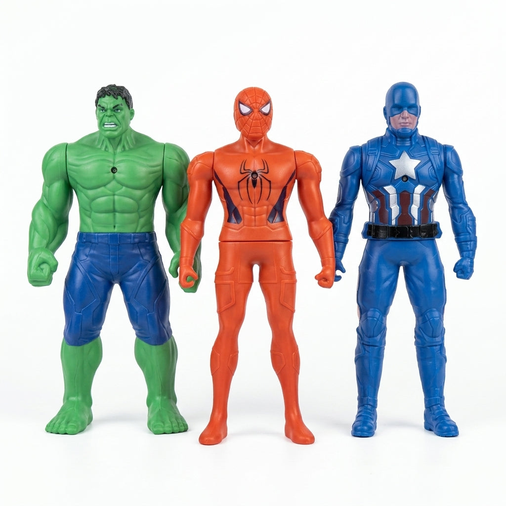 Three superhero action figures standing in a row on white background