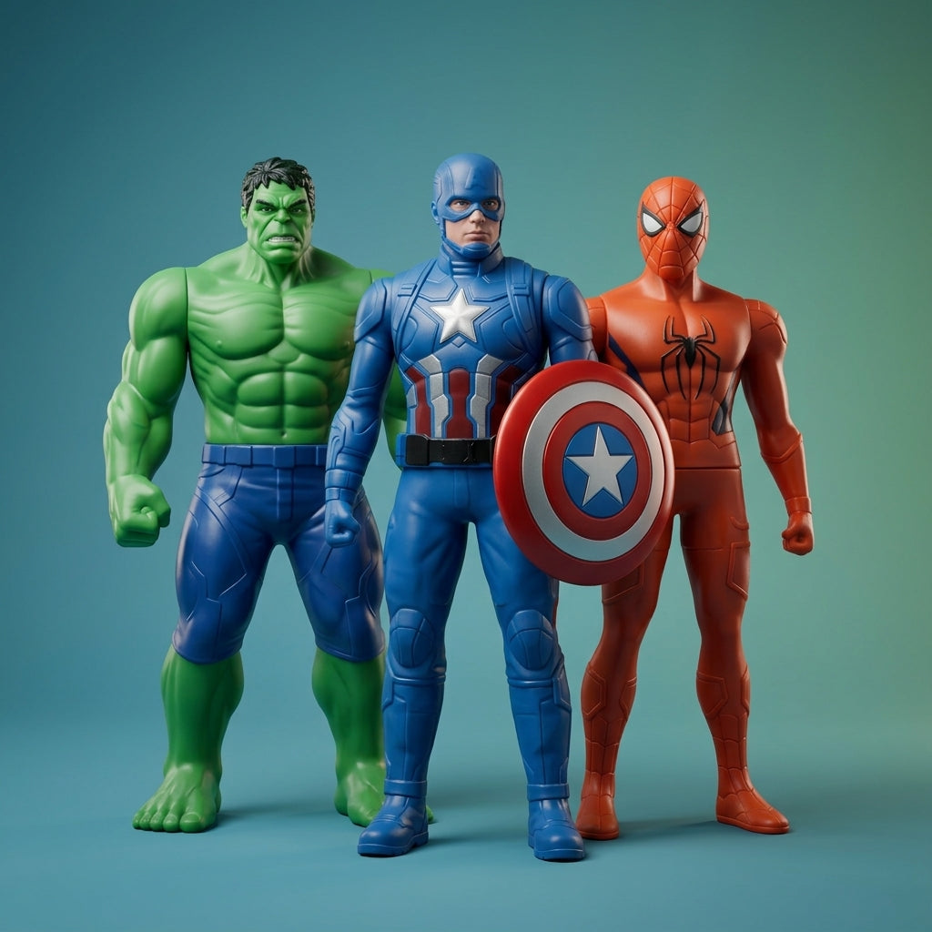 Set of three large superhero figures on a teal backdrop