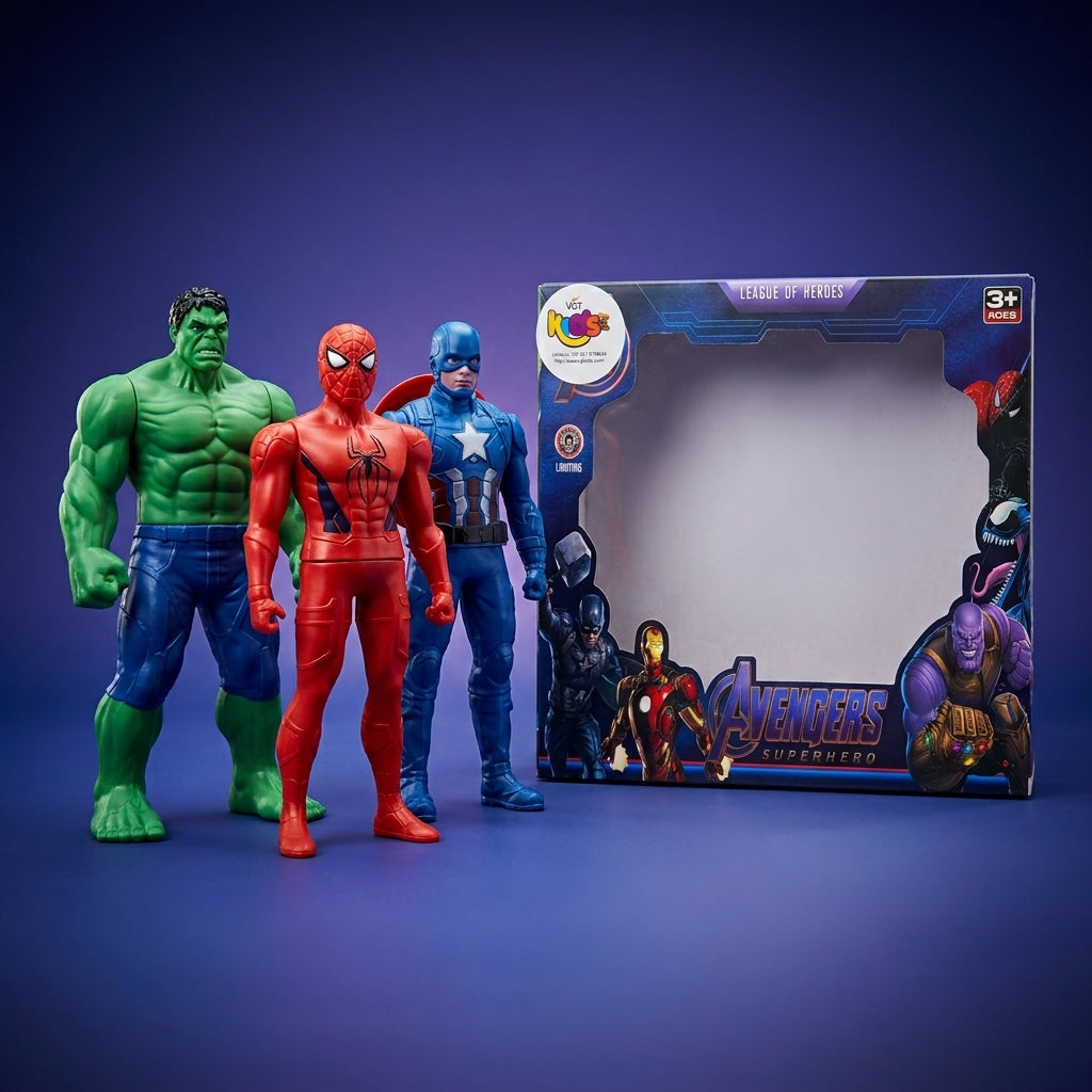 Three superhero figures displayed beside their League of Heroes box