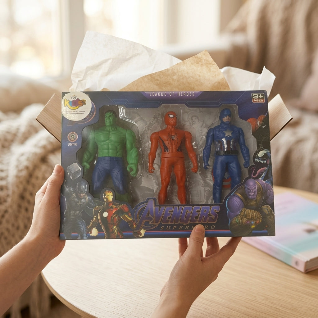 League of Heroes three-figure set in its window box being unpacked