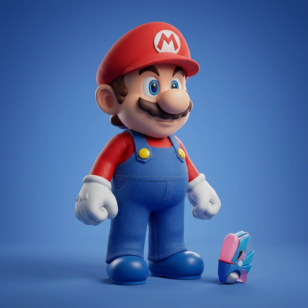 Super Mario figure on a royal blue backdrop