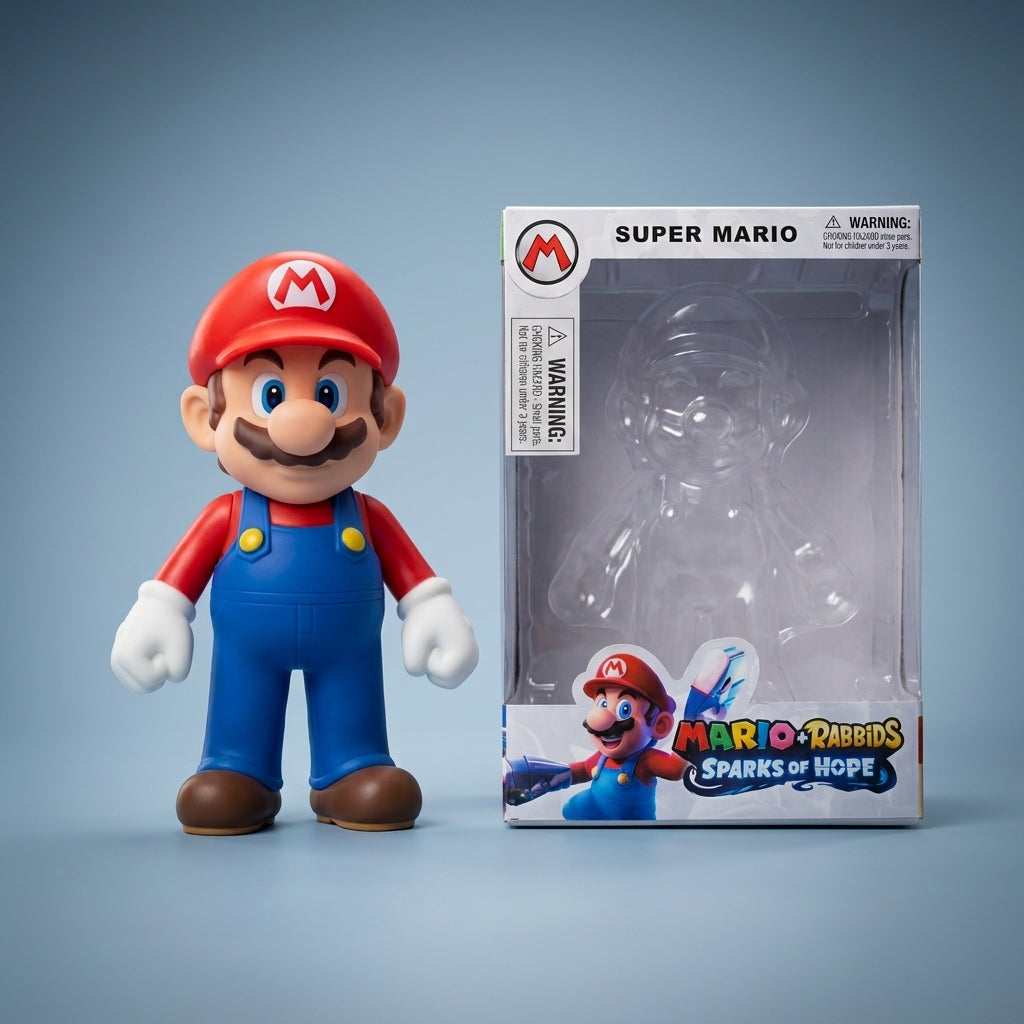 Super Mario figure displayed beside its opened window box