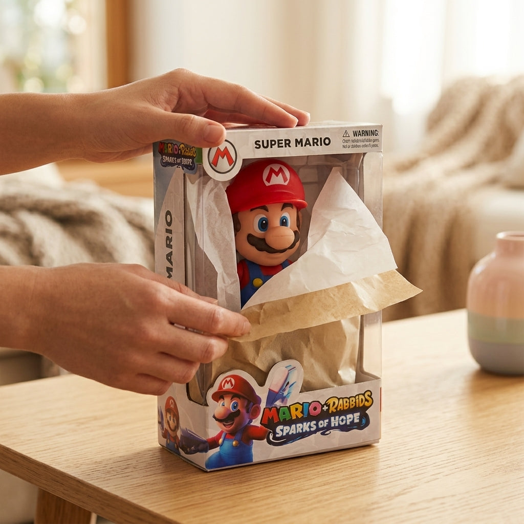 Hands opening the Super Mario figure window box