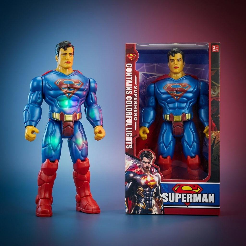Superman light-up action figure glowing beside its window retail box