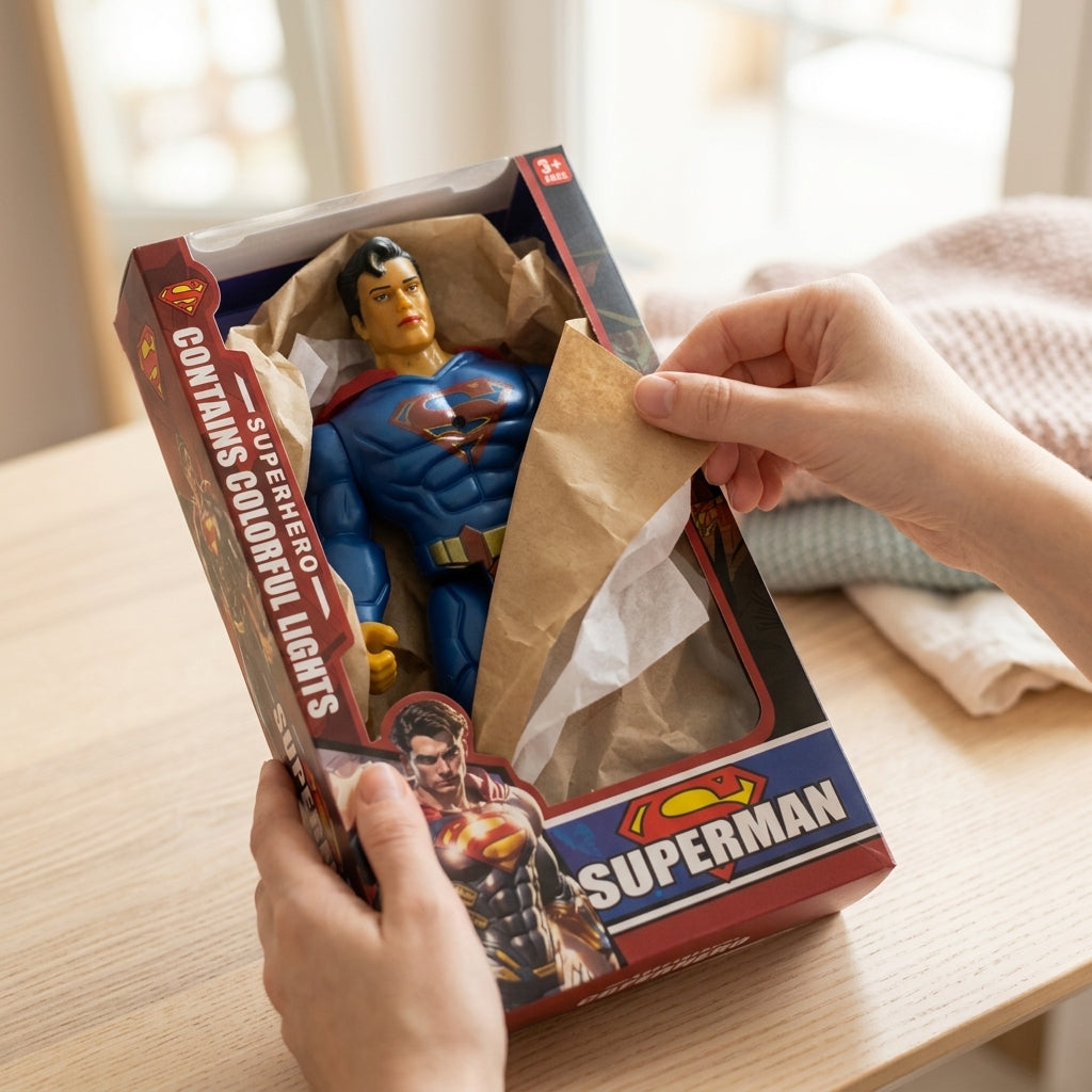 Hands opening the Superman light-up action figure box