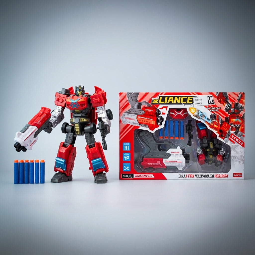 Transforming robot figure with dart launchers beside its window box and blue darts