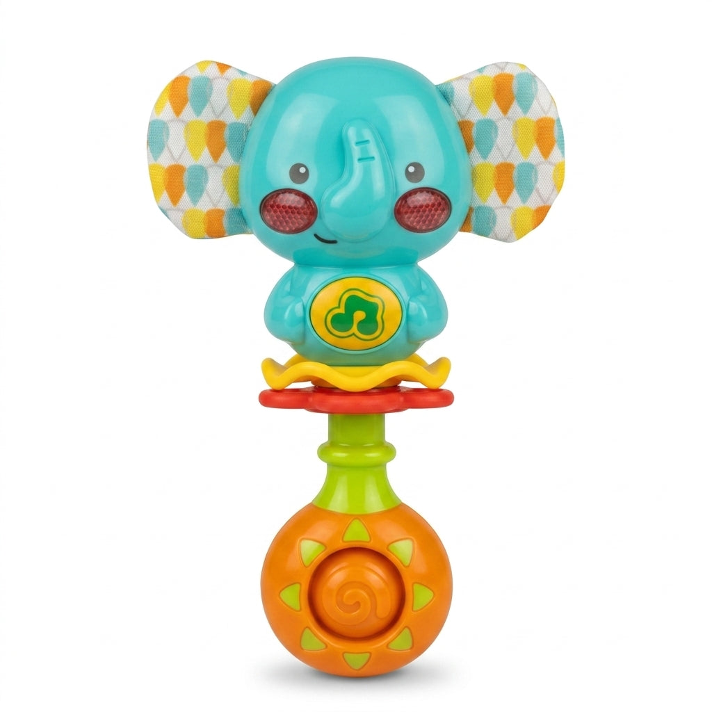 Turquoise elephant baby rattle with patterned fabric ears on white background