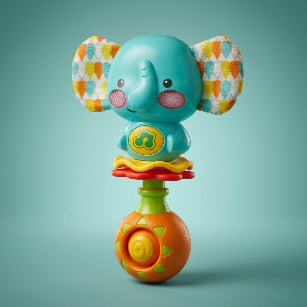 Winfun elephant rattle shown unboxed on a teal background