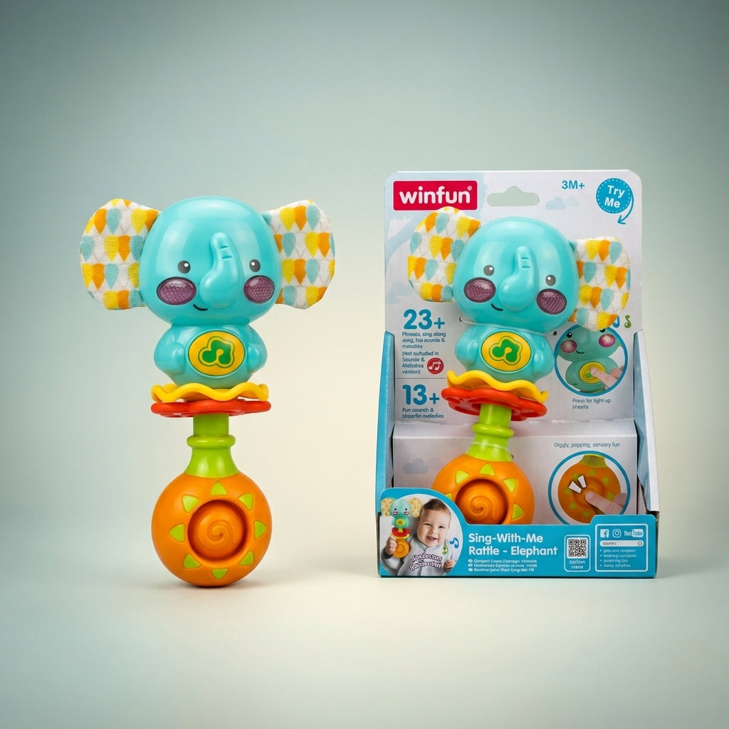 Winfun Sing-With-Me elephant rattle beside its retail box