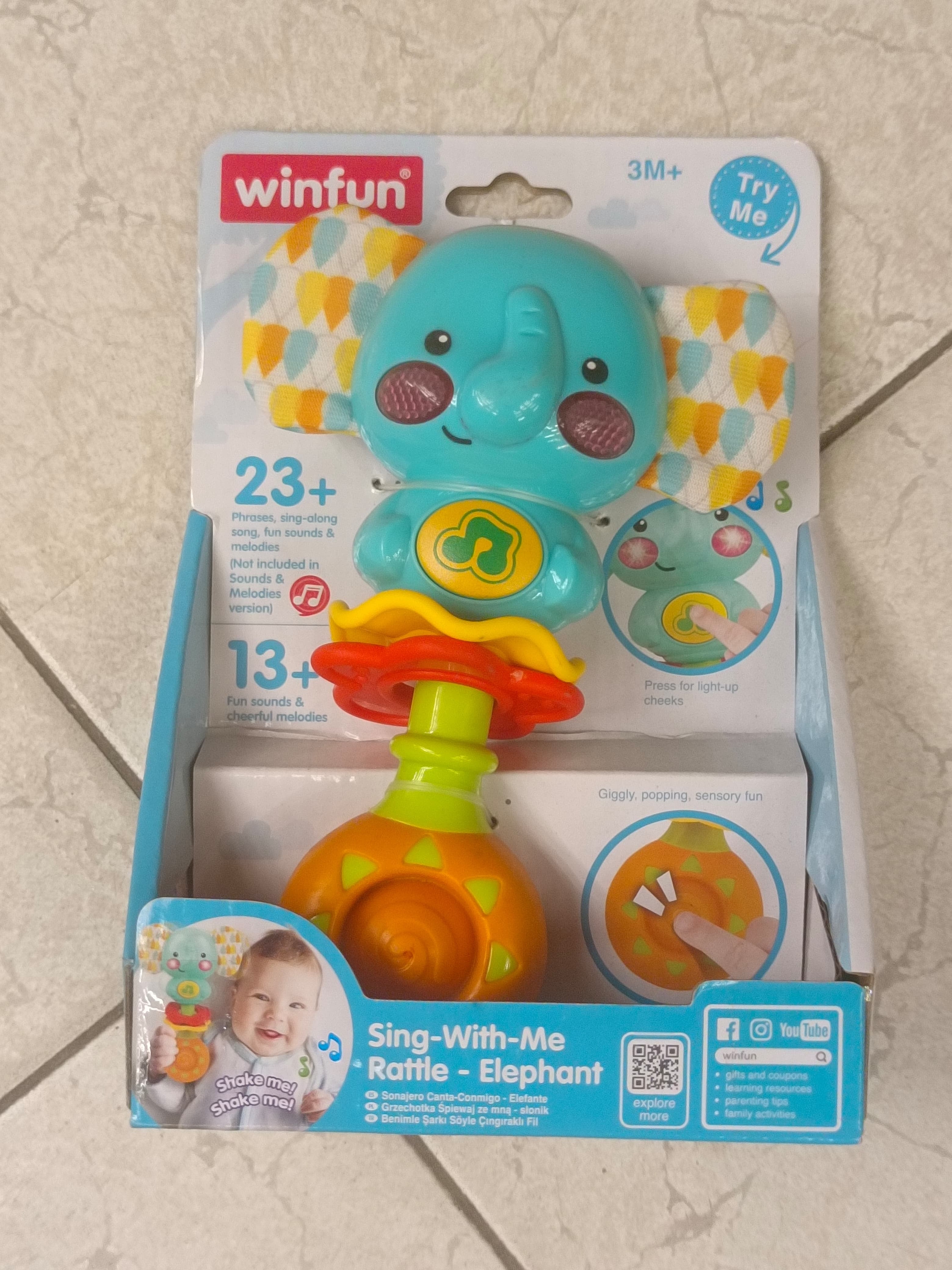 Winfun elephant rattle in its open try-me retail box
