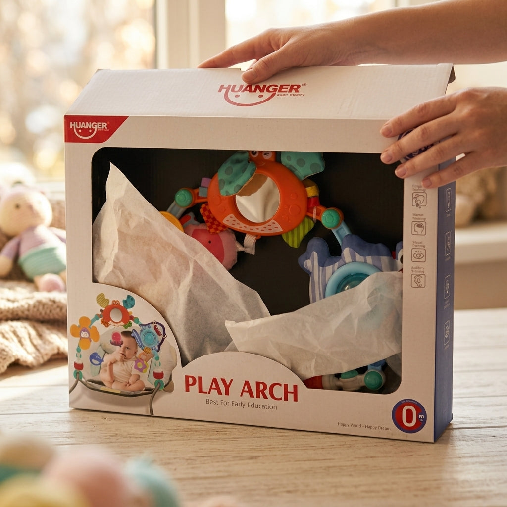Huanger Play Arch retail box open on a white table