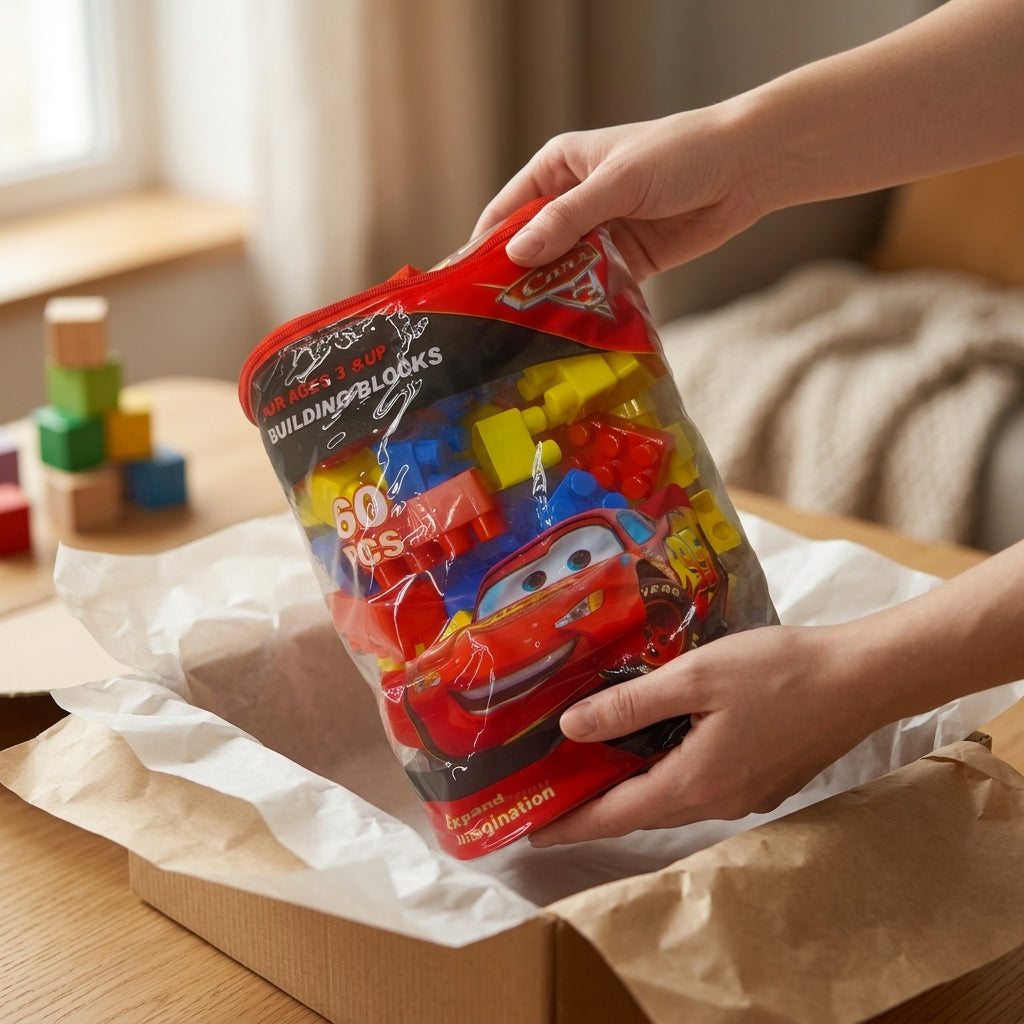 Cars 3 building blocks bag being lifted from a kraft box