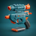 Teal Turbo soft bullet blaster with barrel attachment and clip of four darts