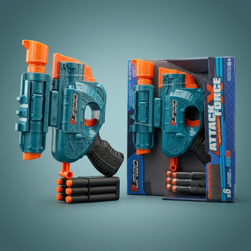 Attack Force soft bullet blaster with six darts and its retail box