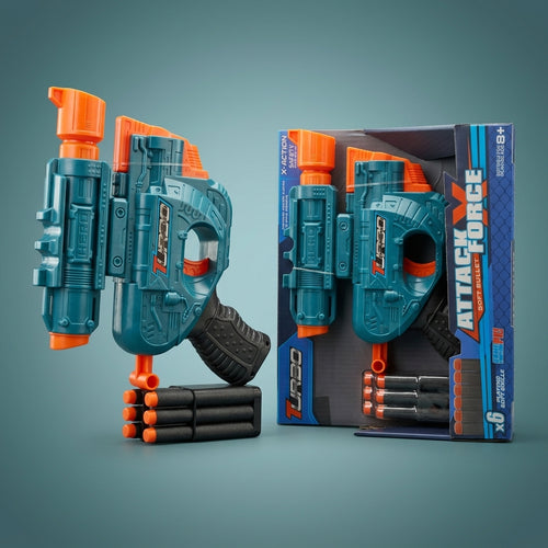 Attack Force soft bullet blaster with six darts and its retail box