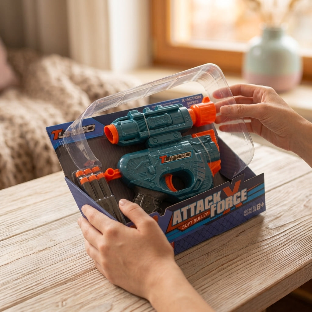 Hands lifting the blister lid off the Turbo soft bullet blaster pack