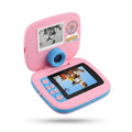 Pink kids digital camera with flip-up screen and blue rotating lens