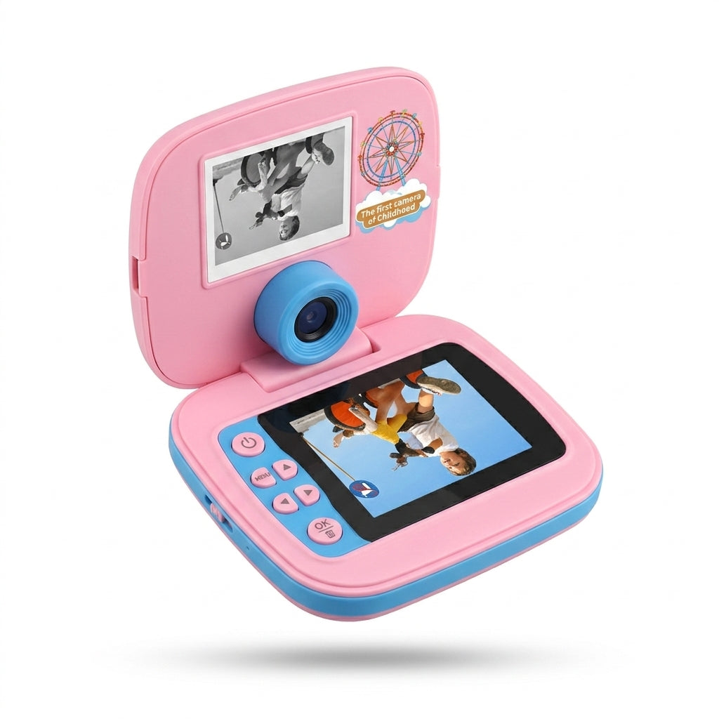 Pink kids digital camera with flip-up screen and blue rotating lens