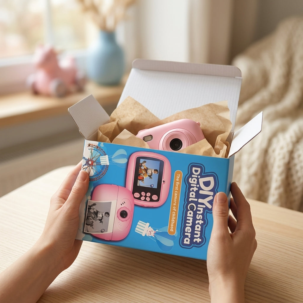 Hands opening the DIY Instant Digital Camera box