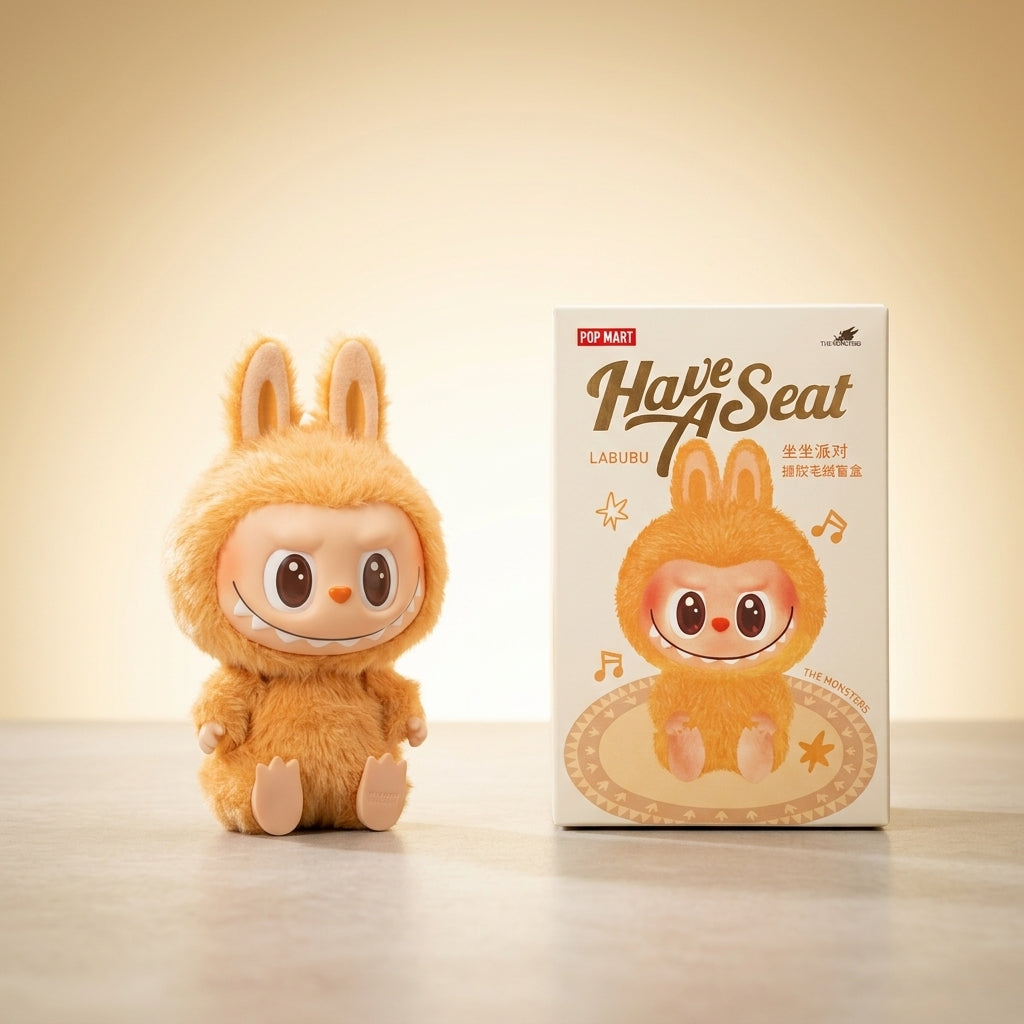 POP MART LABUBU Have A Seat plush figure beside its retail box