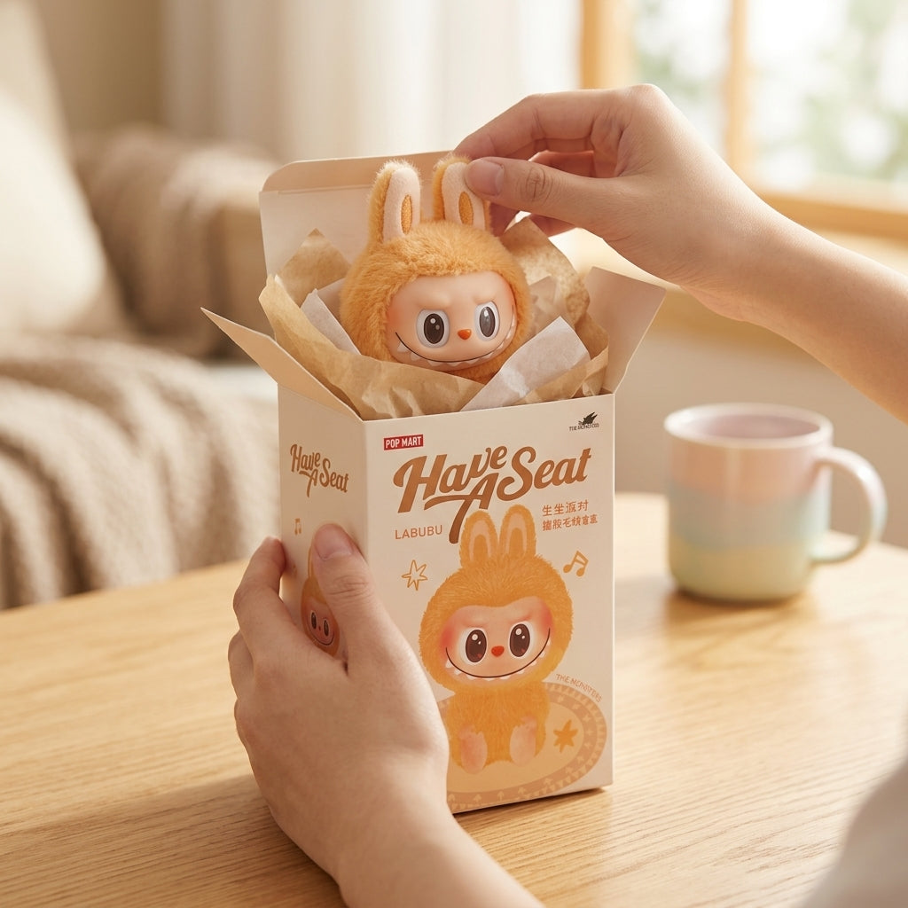 LABUBU figure being lifted from its POP MART box on a wooden table