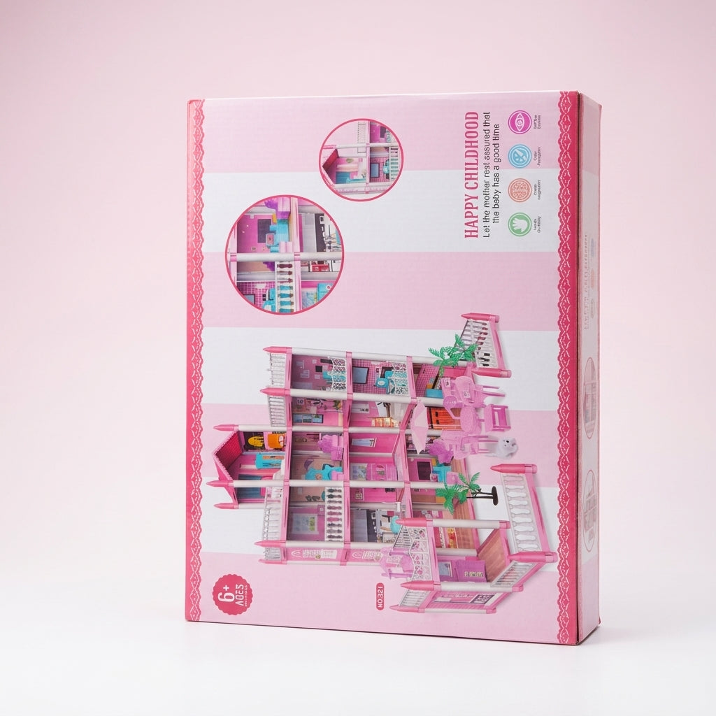 Happy Childhood dollhouse retail box, front three-quarter view