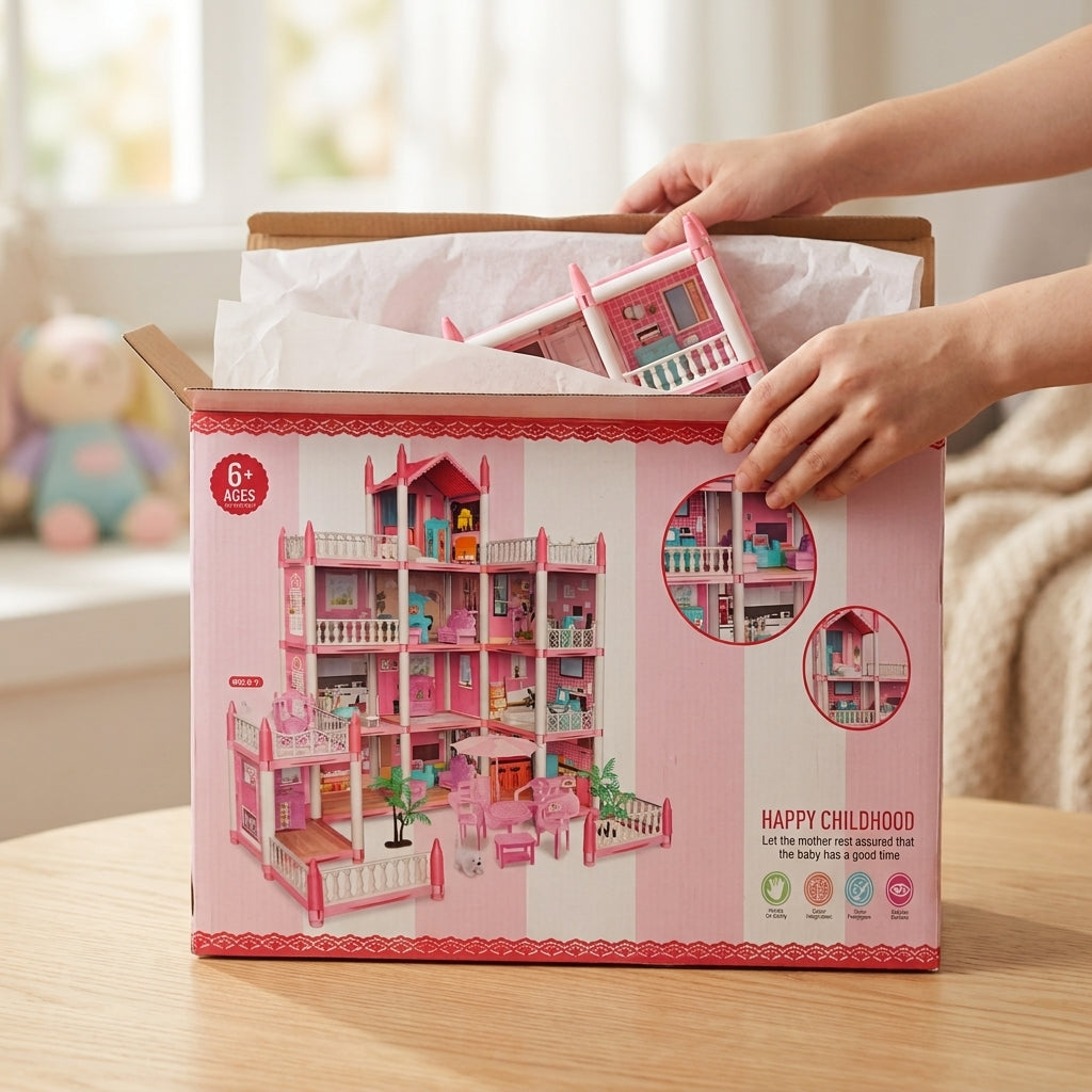 Pink dollhouse box being unpacked, house panel lifted from the tissue