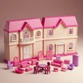 Two-storey cream and pink dollhouse with eighteen furniture pieces laid out in front