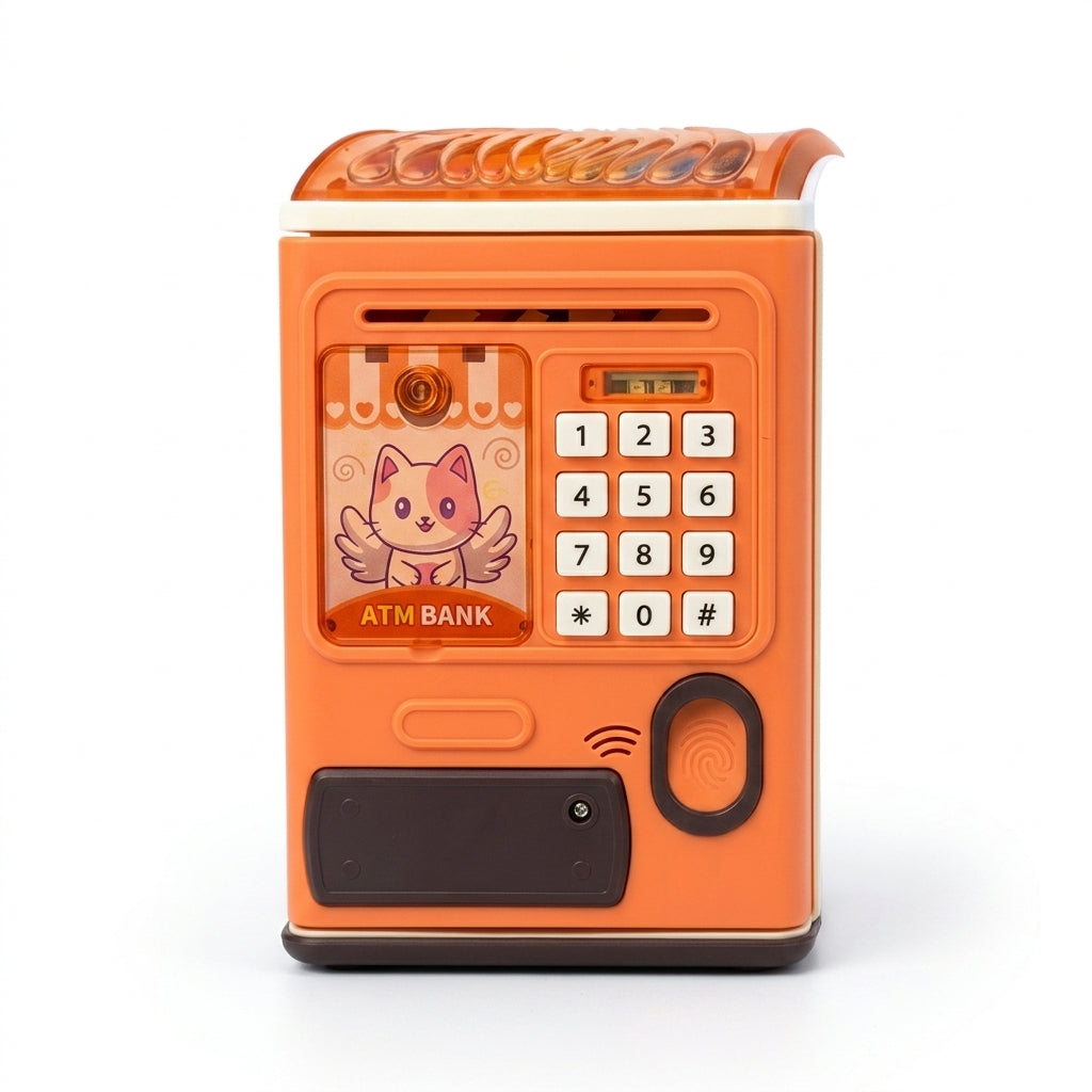 Orange kids ATM savings bank with number keypad, front view on white