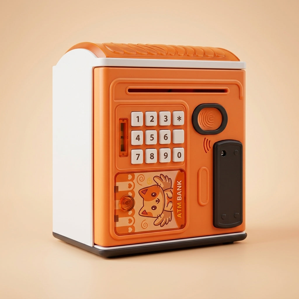 Kids ATM money box, angled view showing keypad and fingerprint pad