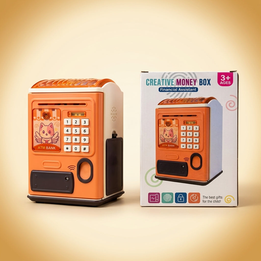 Creative Money Box ATM bank shown beside its retail box