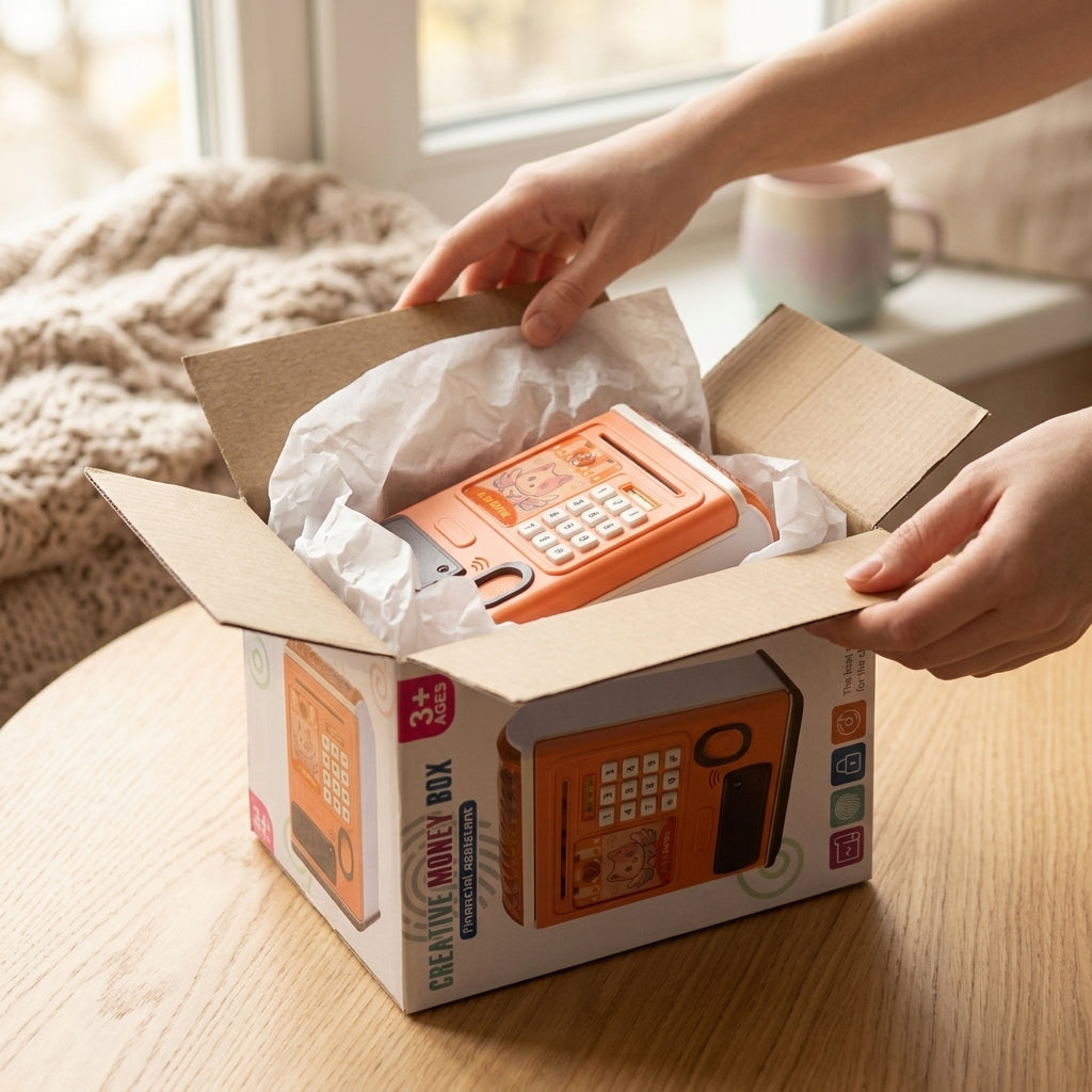 Hands unpacking the Creative Money Box ATM savings bank