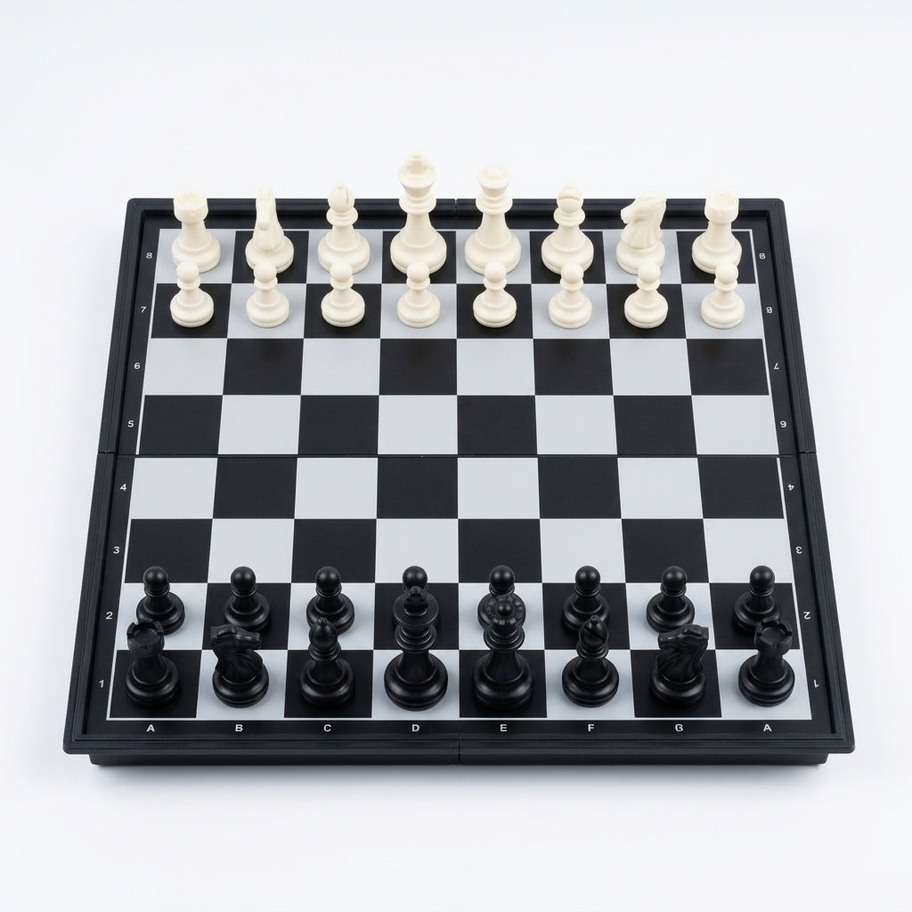 Folding magnetic chess board set up with all 32 pieces on white background