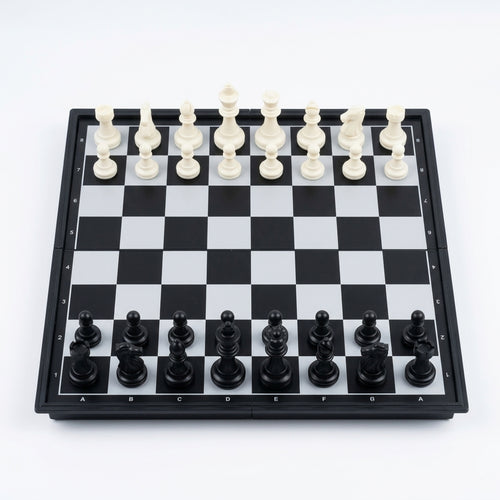 Folding magnetic chess board set up with all 32 pieces on white background