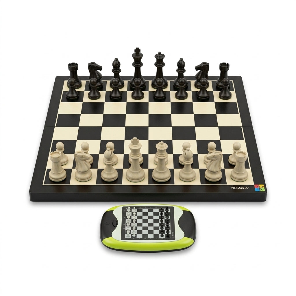 Folding chess board with full piece set and green handheld travel chess unit