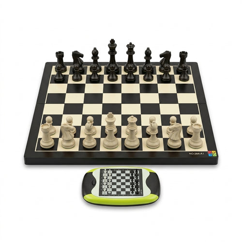 Folding chess board with full piece set and green handheld travel chess unit