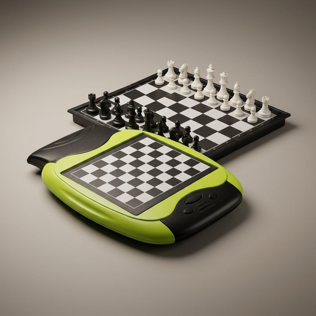 Chess board with pieces beside a green electronic handheld chess unit